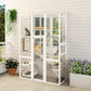 Outdoor cat enclosure with white frame, mesh walls, and stacked platforms for cats