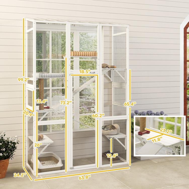 Outdoor cat enclosure layout view with side doors, platforms, and ramps in a frame