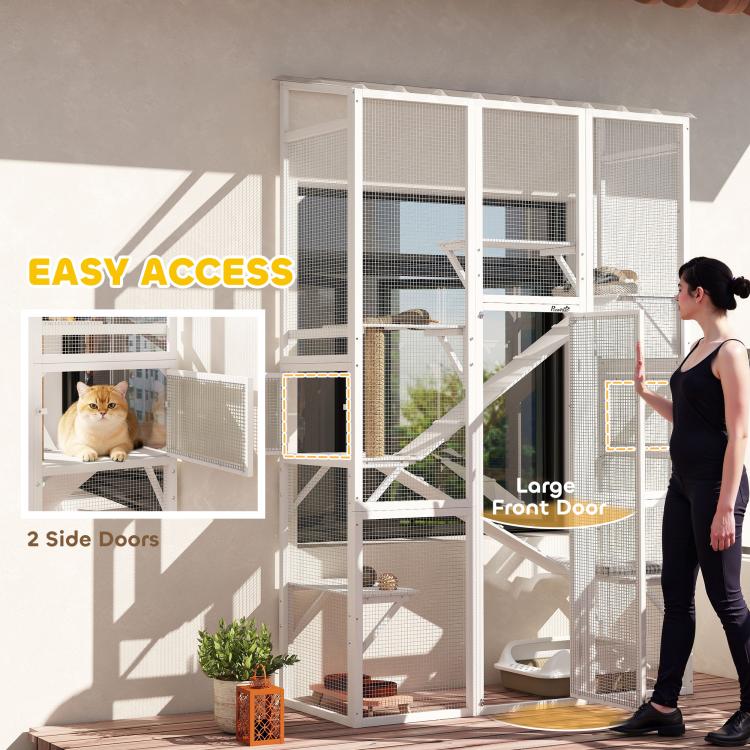 Cat enclosure with two side doors and a large front door for easy access