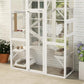 White outdoor cat enclosure corner with mesh walls, platforms, and ramped access