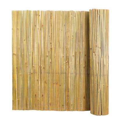 Natural bamboo privacy fence screen with vertical slats and rolled edge