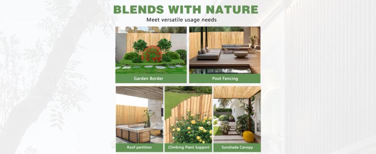 Natural bamboo slat privacy fence panels shown in outdoor areas