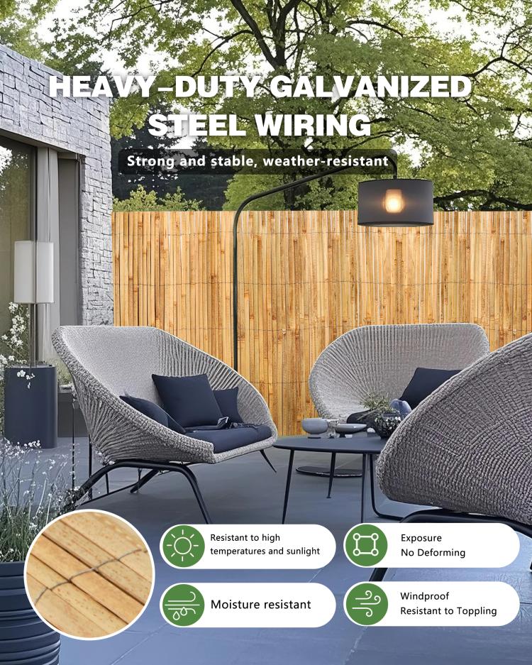 Natural bamboo privacy fence with vertical slats and visible galvanized wire