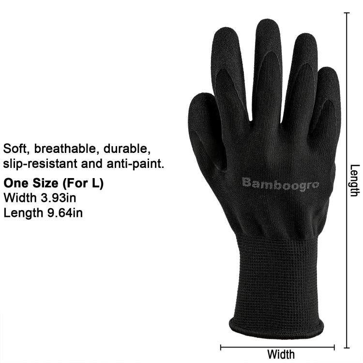 Black seamless knit work gloves with textured anti-slip latex palm, size L