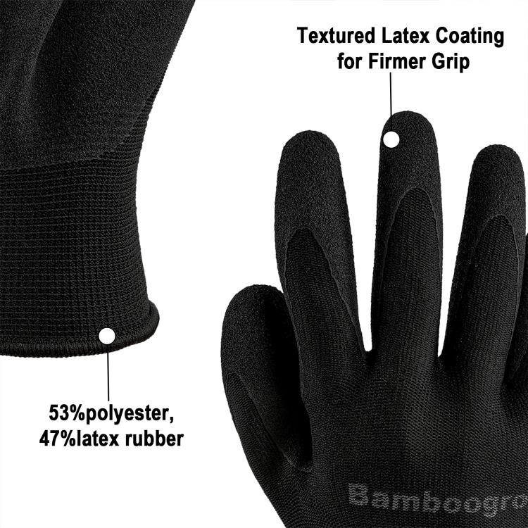 Black glove with textured latex coating for firmer grip, seamless knit cuff