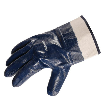 Nitrile work glove, fully dipped dark blue, canvas cuff, textured grip