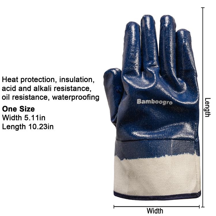 Nitrile work glove pair, dark blue coating with canvas cuff, knuckle texture