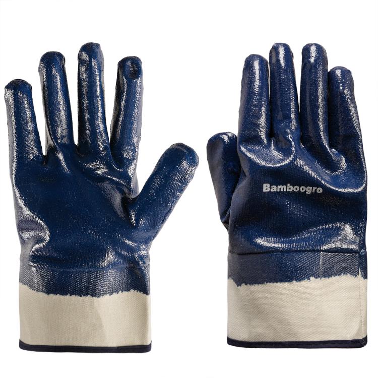 Nitrile work gloves, dark blue dipped palms and fingers, canvas cuff, textured grip