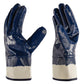 Nitrile work gloves, dark blue grip coating, canvas cuff, contoured finger tips