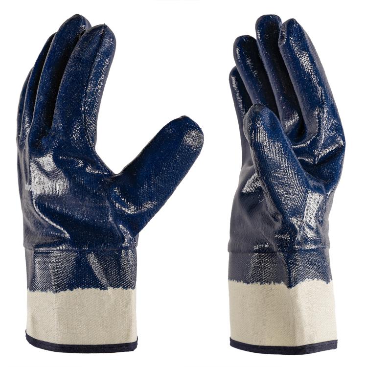 Nitrile work gloves, dark blue grip coating, canvas cuff, contoured finger tips