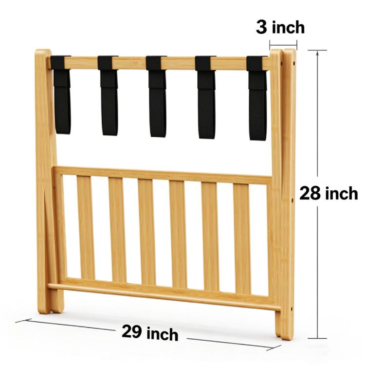 Bamboo luggage rack frame with black straps, shown with 29 x 28 x 3 inch size