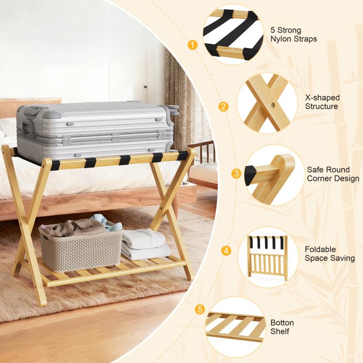 Bamboo luggage rack with black straps and round-corner design, holding a silver suitcase