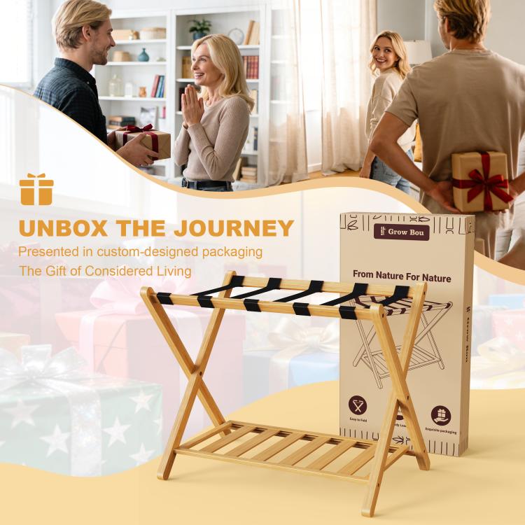 Bamboo luggage rack with black straps and lower shelf, supporting a gray suitcase
