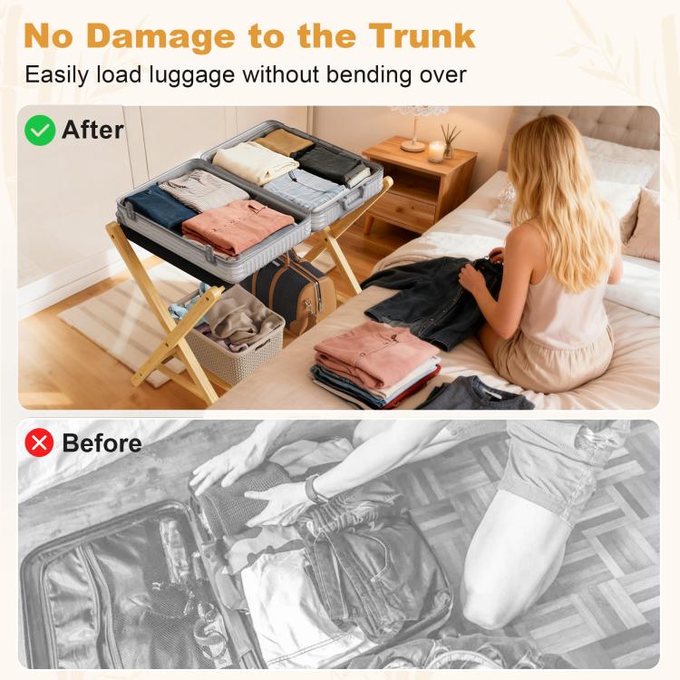 Bamboo luggage rack with black straps, supporting stacked luggage on the lower shelf