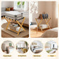 Bamboo luggage rack with black straps and lower shelf, holding a gray suitcase