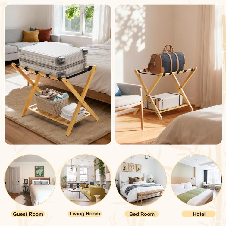 Bamboo luggage rack with black straps and lower shelf, holding a gray suitcase