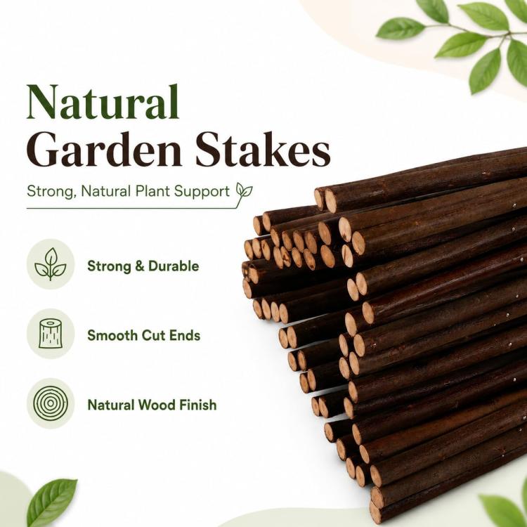 Bundle of dark brown natural wooden stakes for building a teepee plant support