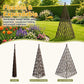 Flexible expandable teepee trellis with dark brown lattice shown in multiple sizes