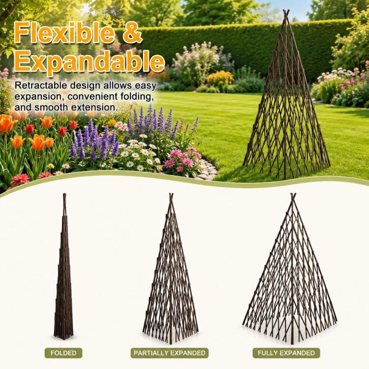 Flexible expandable teepee trellis with dark brown lattice shown in multiple sizes