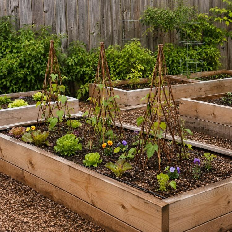 Three dark brown teepee trellis frames in raised garden beds with climbing vines