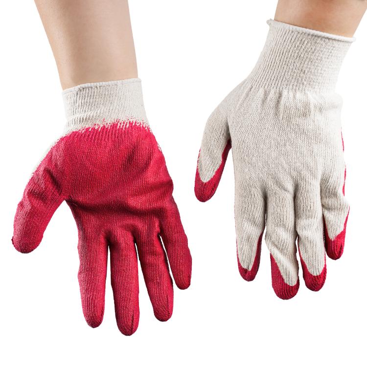 Red latex-coated work gloves with light knit back and ribbed wrist cuff