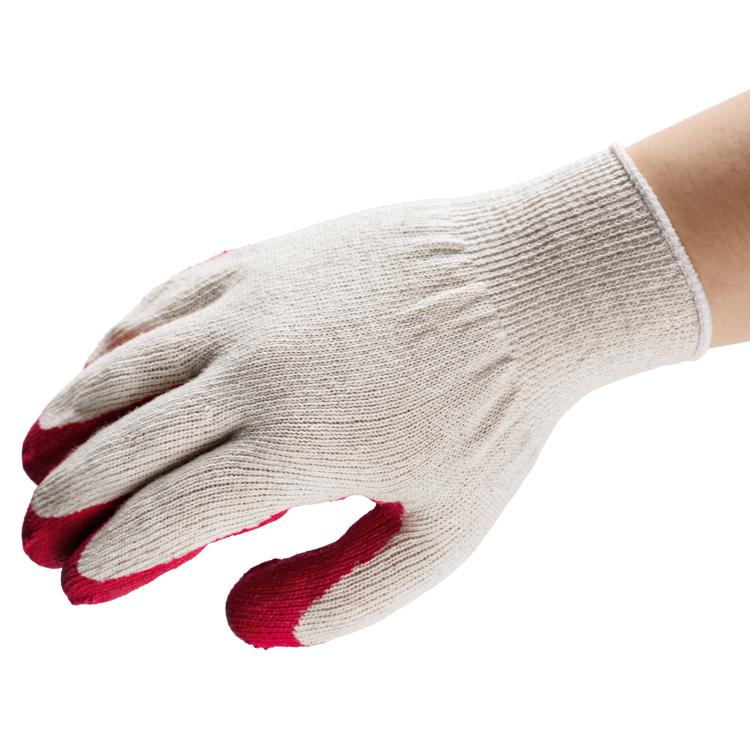 Red latex grip work gloves with light knit cuff and textured coated palm