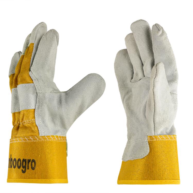 Gray and yellow leather work gloves with padded thumb and split-cuff design