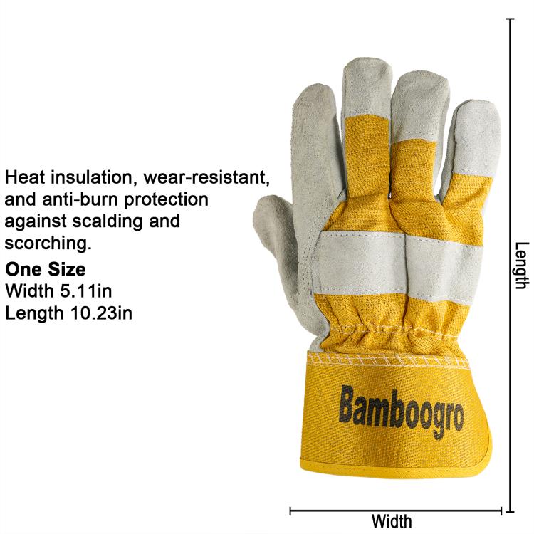 Gray and yellow leather work gloves with stitched cuff and lined palm, paired view