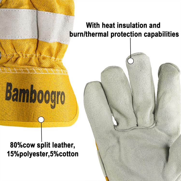 Bamboogro gray leather glove with yellow cuff and stitched band, close-up