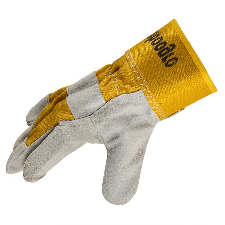 Gray and yellow leather work glove with stitched wrist cuff, angled side view