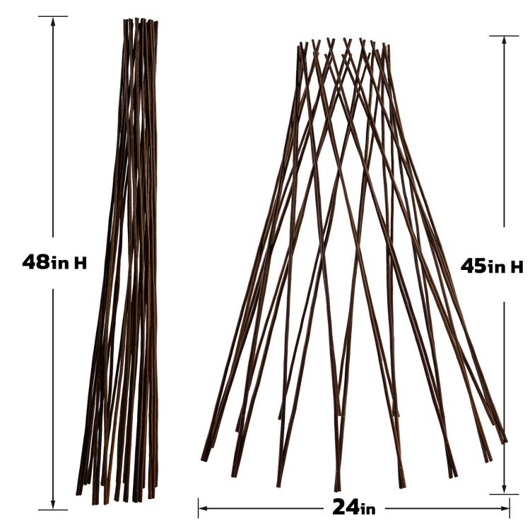 Tall round teepee plant trellis with willow poles and diamond lattice pattern