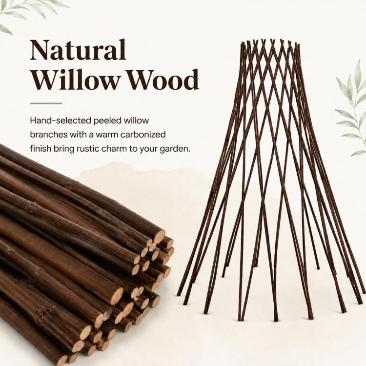 Natural willow wood teepee trellis with bundled branches and tapered frame