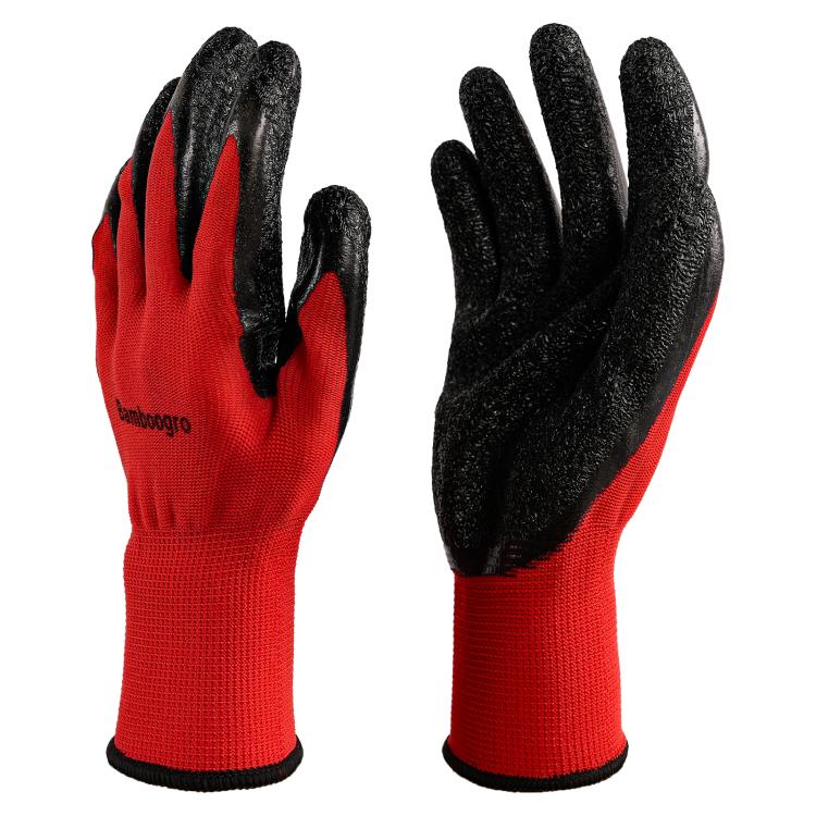 Red knit work gloves with black textured latex-coated palms and fingers