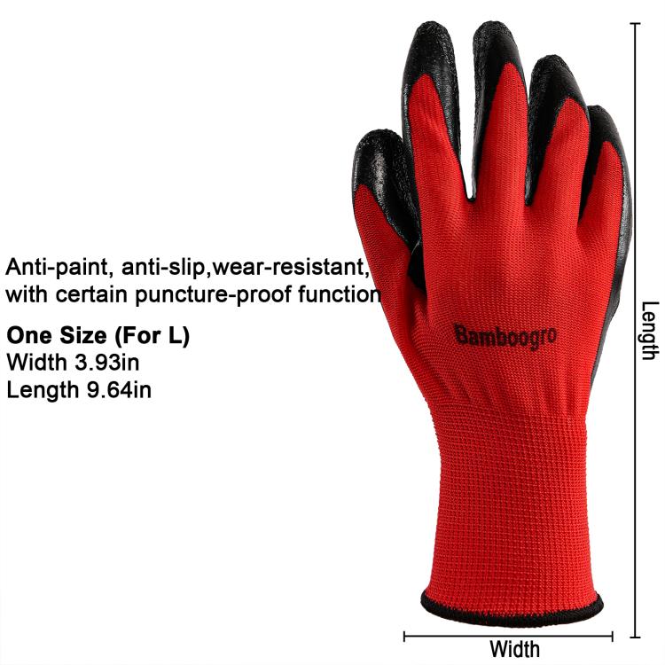 Red knit work glove with black textured latex anti-slip grip on palm and fingers