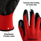 Red knit glove with black textured latex coating for firm finger grip
