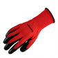 Red knit glove with black latex-coated fingertips and textured anti-slip grip