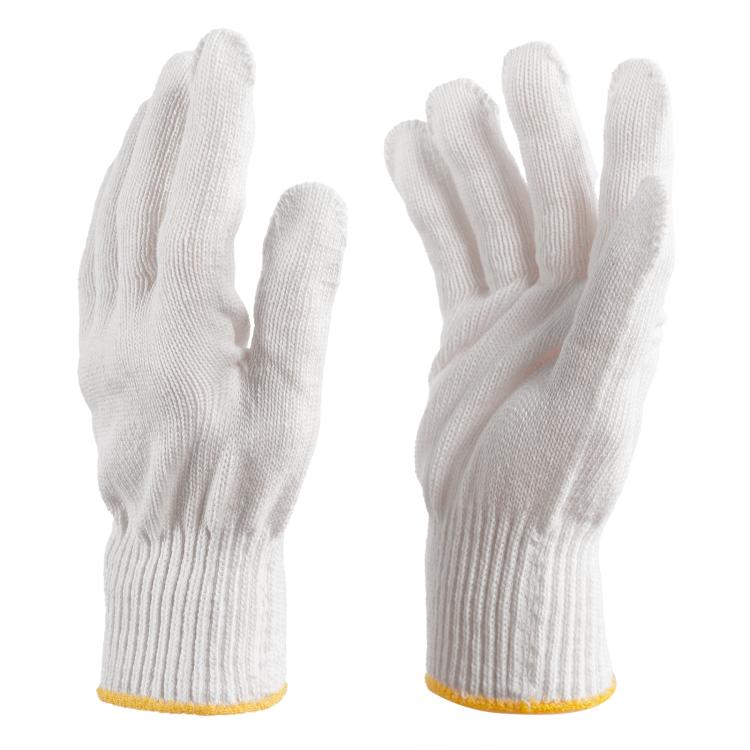 White knit work gloves with ribbed cuffs and yellow trim, pair set shown