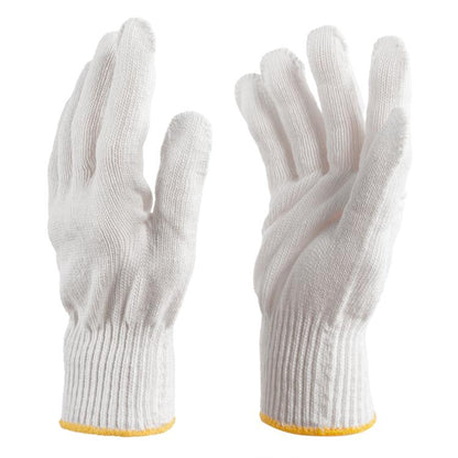 White knit work gloves with ribbed cuffs and yellow trim, pair set shown