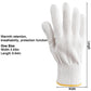 White cotton-blend knit gloves with yellow cuff trim, size measurement view