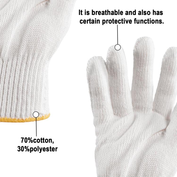 White knit gloves with yellow cuff band and breathable fabric construction detail