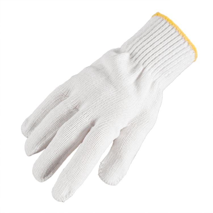 White knit cloth glove with yellow cuff trim, close-up hand pose