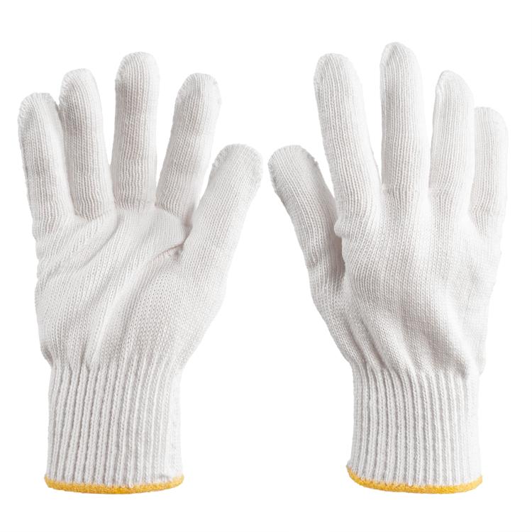 Pair of white knit work gloves with ribbed cuffs and yellow edging