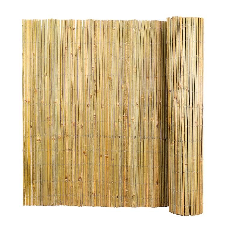 Natural bamboo slat privacy fence roll with vertical poles, woven screen panel