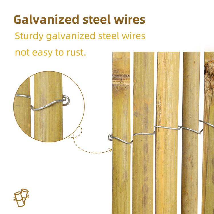 Bamboo fence slats with galvanized steel wire ties securing vertical poles