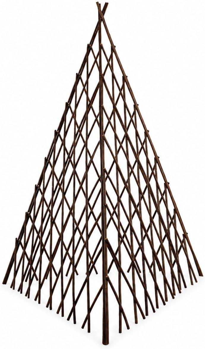 Natural wood teepee plant trellis with crisscross diamond lattice, dark brown frame