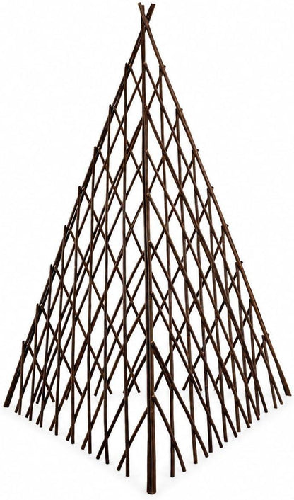 Natural wood teepee plant trellis with crisscross diamond lattice, dark brown frame