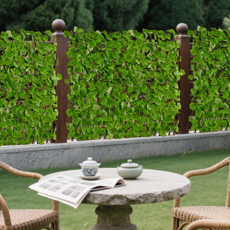 Faux ivy privacy trellis screen with green leaf panels and wooden frame