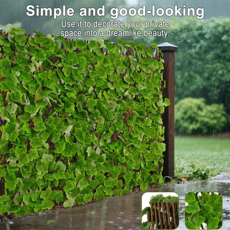 Faux ivy privacy screen with dense green leaves covering a brown slat fence section