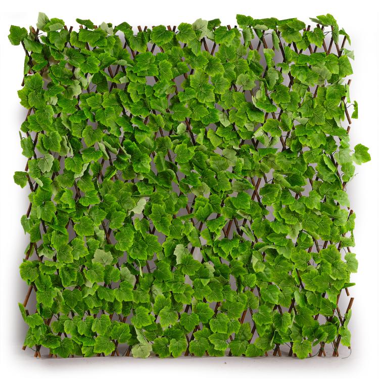 Faux ivy privacy screen panel with dense green leaf clusters on brown lattice backing