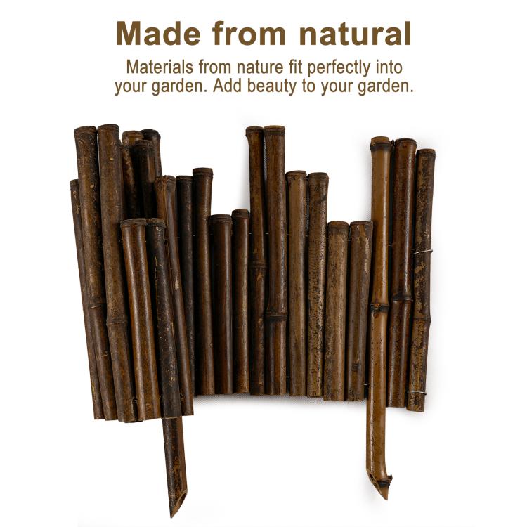 Natural bamboo fence roll with upright slats and pointed stake ends